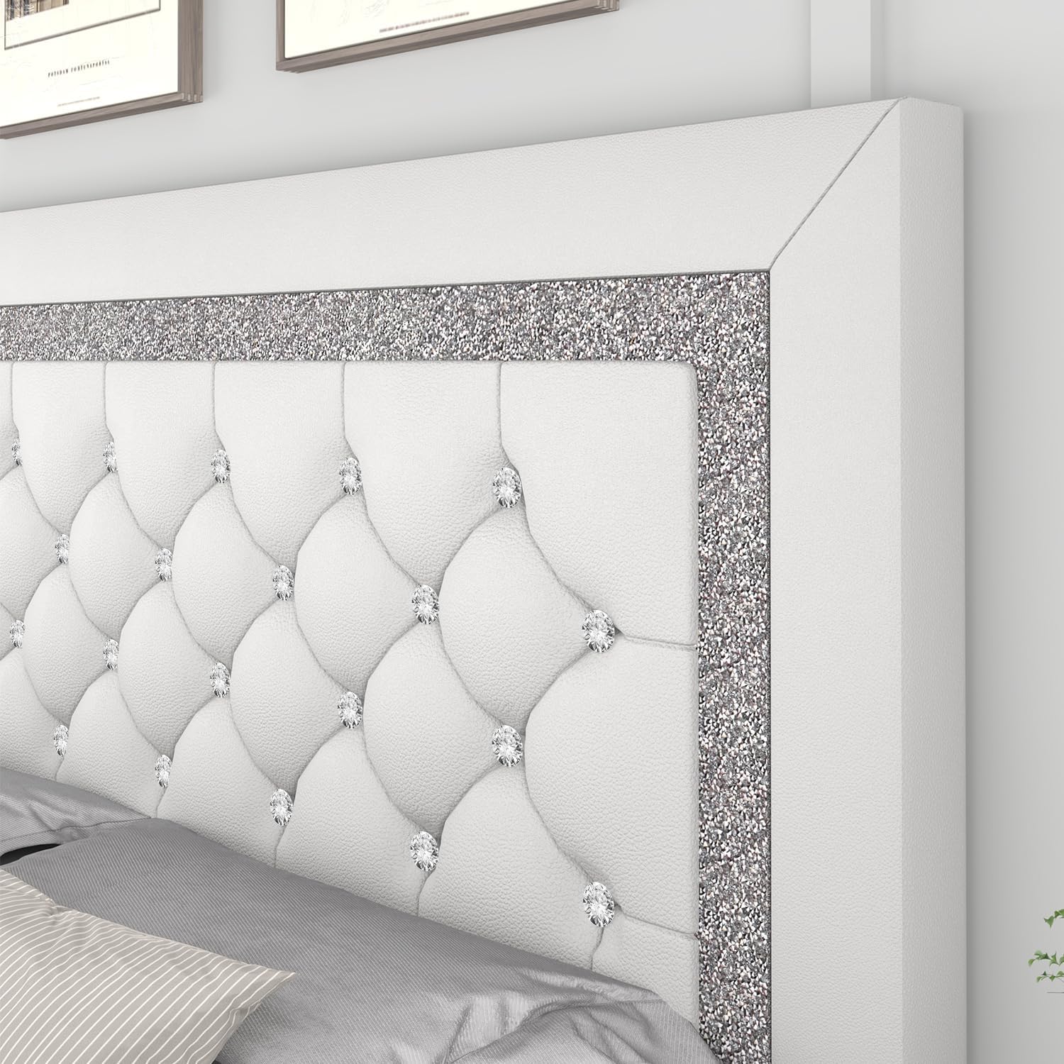 Twin Bed Frame, Faux Leather Platform Bed with Upholstered Diamond Headboard, Mattress Foundation with Strong Wooden Slats Support, No Box Spring Required, Easy Assembly, White