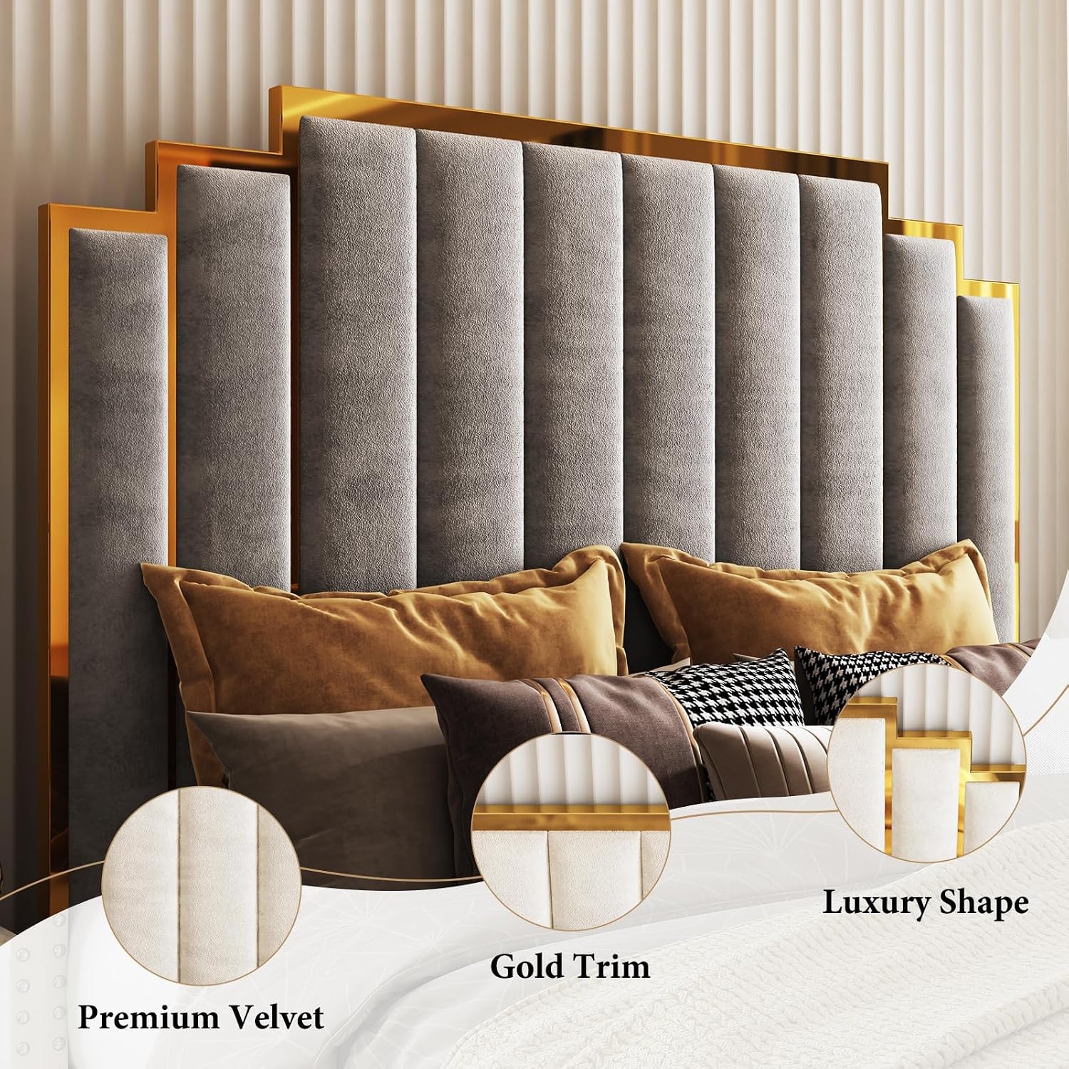 AMERLIFE California King Size Upholstered Bed, Modern Velvet Bed Frame with 65.4' Tall Gold Trim Headboard, No Box Spring Needed, Grey