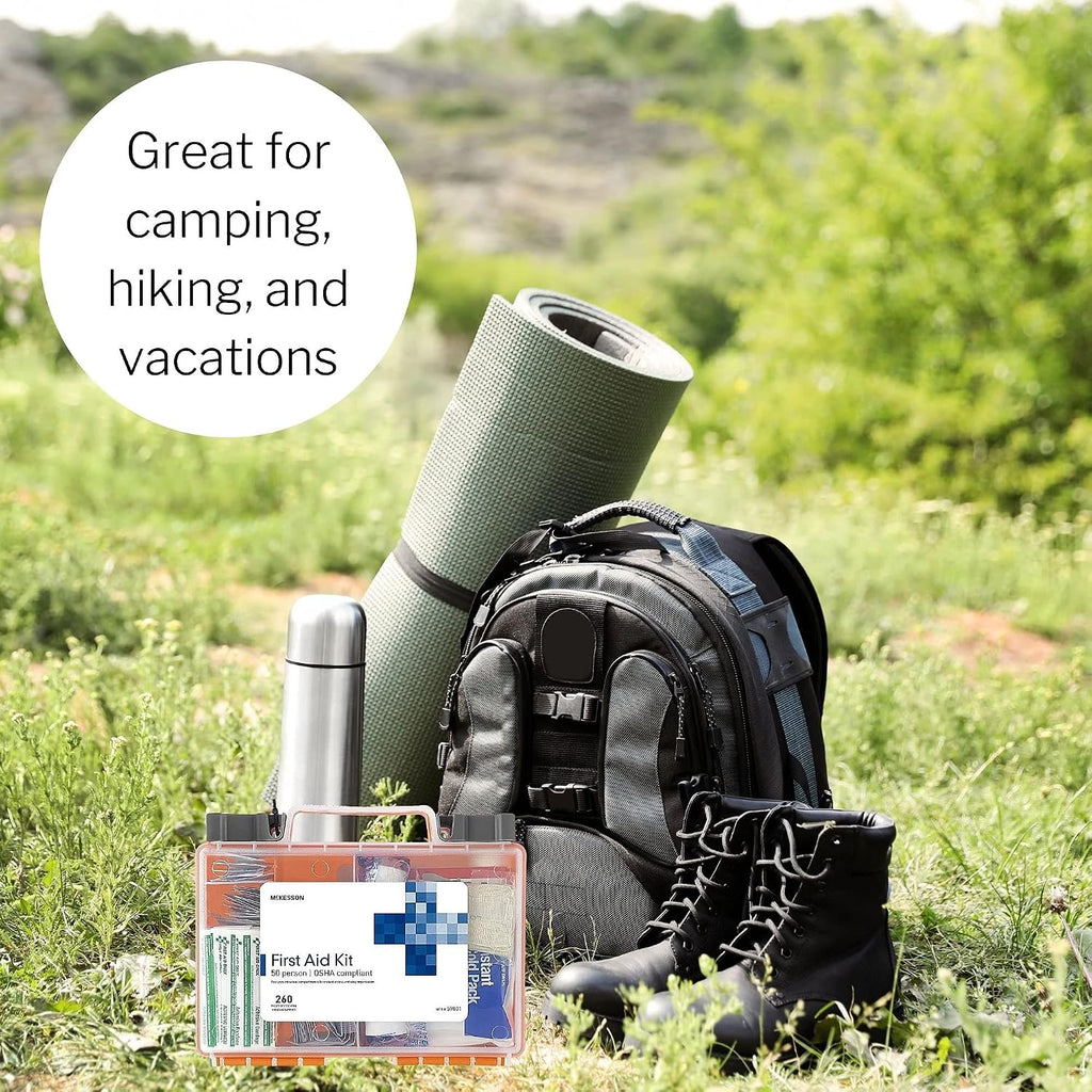 McKesson First Aid Kit, 260 Pieces, OSHA Compliant 50 Person Kit for Car, Home, Office, Camping, Travel, Case of 12