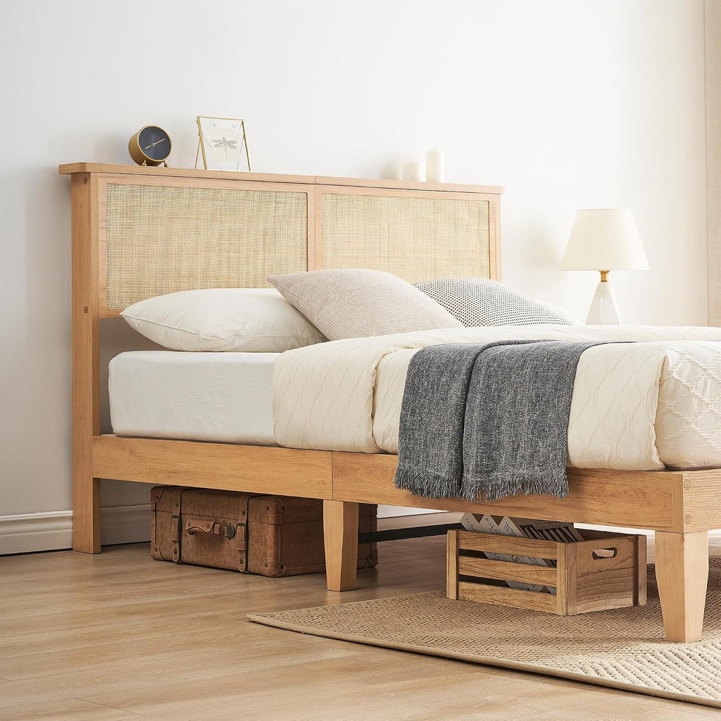 coucheta Rattan Bed Frame Queen with Natural Rattan Headboard,Queen Bed Frame with LED Lights,Rattan Queen Bed Frame with Headboard,Solid Wood Foundation with Silent Slats,No Box Spring Needed(Queen)