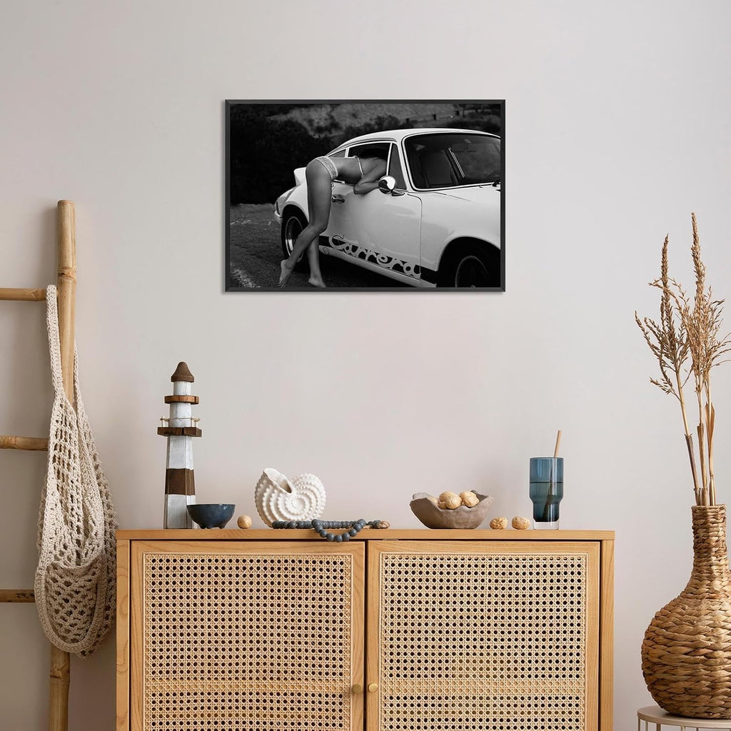 Vintage Supercar 911 Poster Sports Car Lover Canvas Wall Art Black And White Fashion Photography Sexy Women Prints Painting For Living Room Bedroom Apartment Wall Decor 24x36in Framed