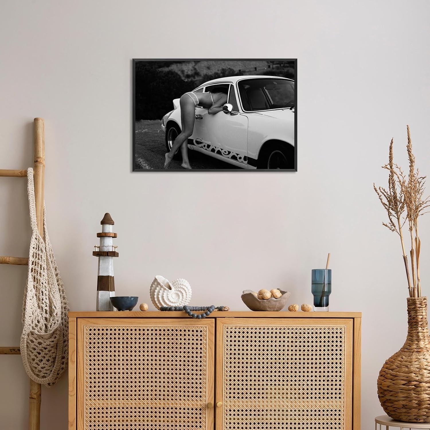 Vintage Supercar 911 Poster Sports Car Lover Canvas Wall Art Black And White Fashion Photography Sexy Women Prints Painting For Living Room Bedroom Apartment Wall Decor 24x36in Framed