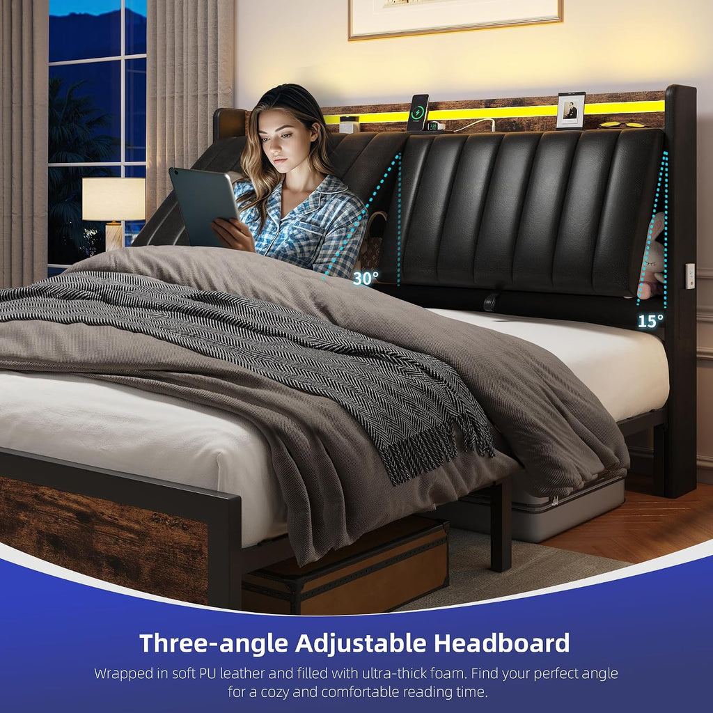 Full Size Bed Frame with Adjustable Backrest Hidden Storage Headboard, PU Leather Upholstered Full Bed Frame with Charging Station and LED Lights, Heavy Duty, No Box Spring Needed, Black&Brown