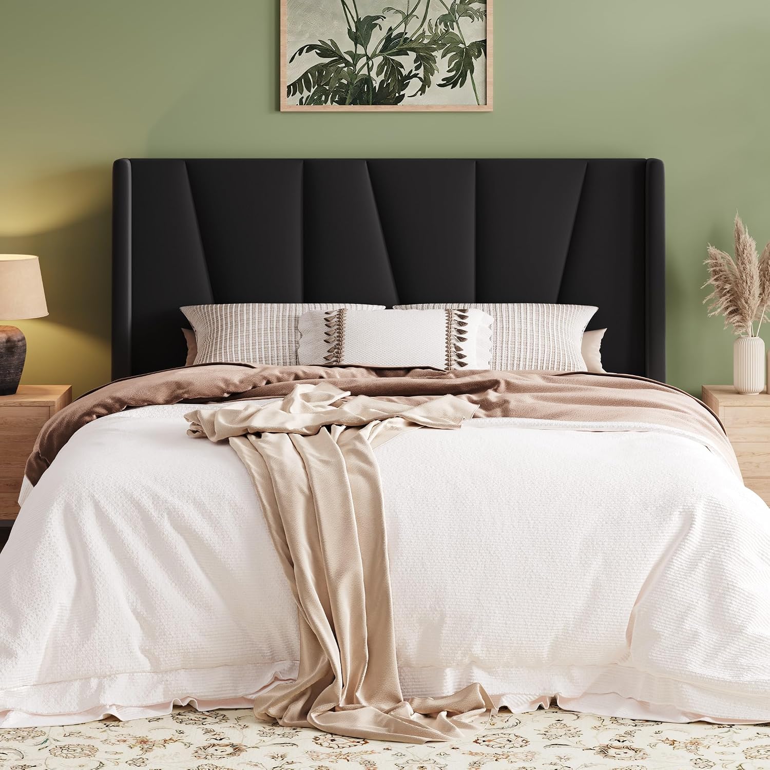 Allewie Queen Size Platform Velvet Bed Frame with Geometric Wingback Headboard, Boho Upholstered Bed with Wooden Slats Support, No Box Spring Needed, Easy Assembly, Black