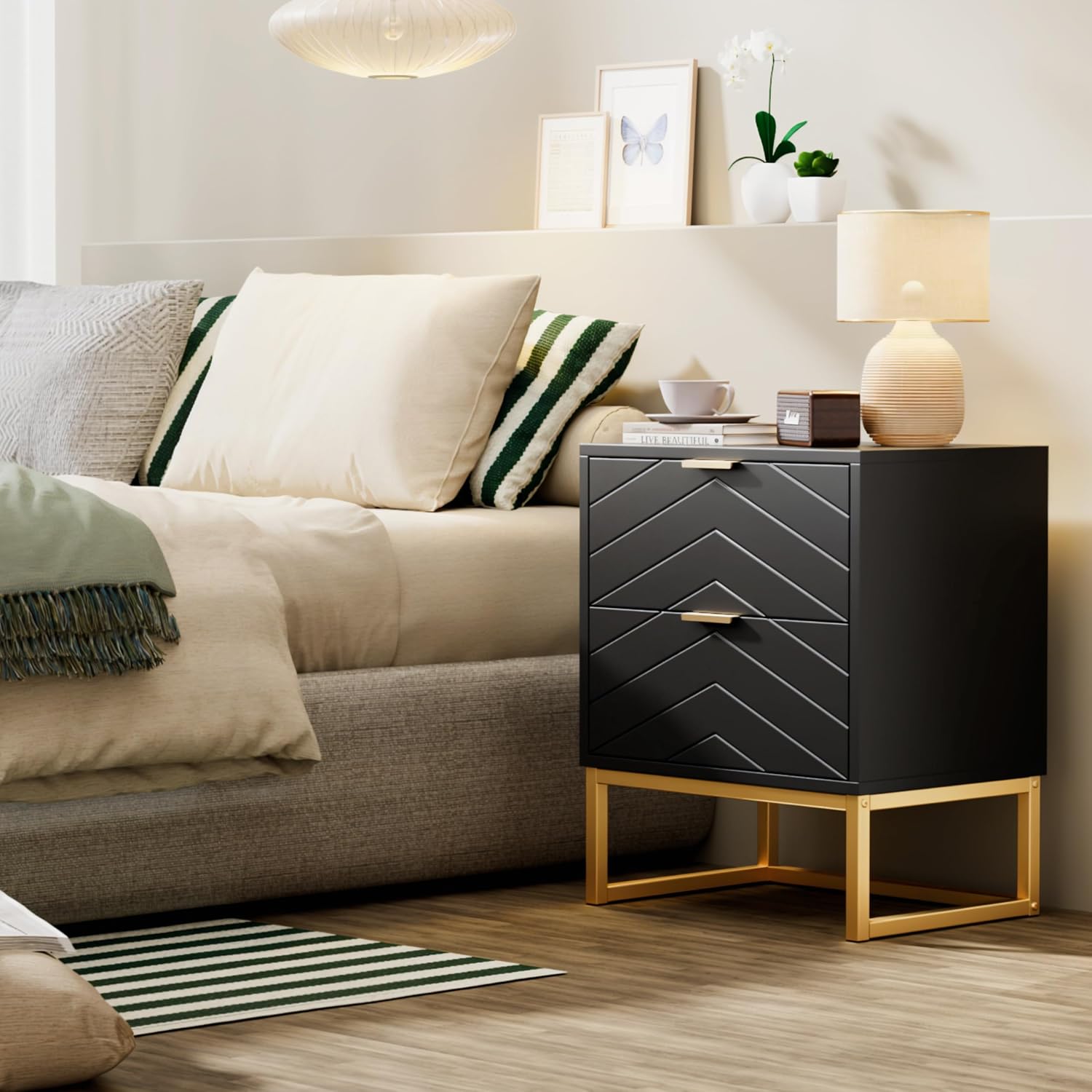 Anbuy Morden 9 Drawer Dresser and Nightstand Sets for Bedroom, 3 Pieces Bedroom Sets Night Stand Set of 2 & 9 Drawer Dresser with Gold Handles, Wood Chest of Drawers Storage Cabinet Set, Green Black