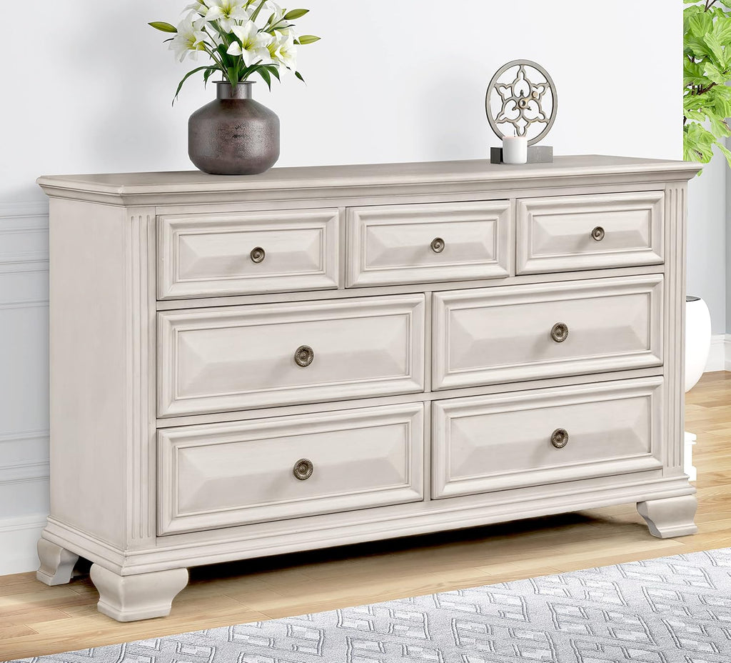 Roundhill Furniture Renova Distressed Parchment Wood Bedroom Set, Panel Bed, Dresser, Mirror, Nightstand, King