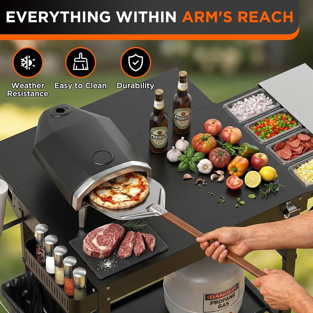 EUTRKei Pizza Oven Table with Topping Station - 45' x 29' Outdoor Grill Cart for Ooni, Ninja, Gozney, Solo Stove, Heavy Duty 450lbs Capacity, Grill Table with Extendable Desk for Tailgating Backyard