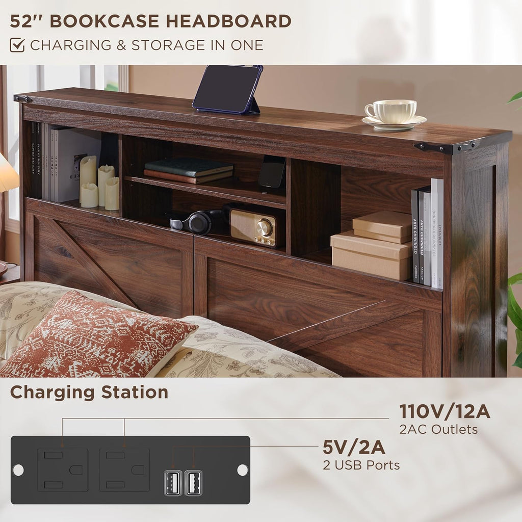 ACCOHOHO Full Bed Frame with 52' Tall Headboard and 4 Drawers,LED Light,Charging Station,Solid Wood Slats Support,No Box Spring Needed,Brown