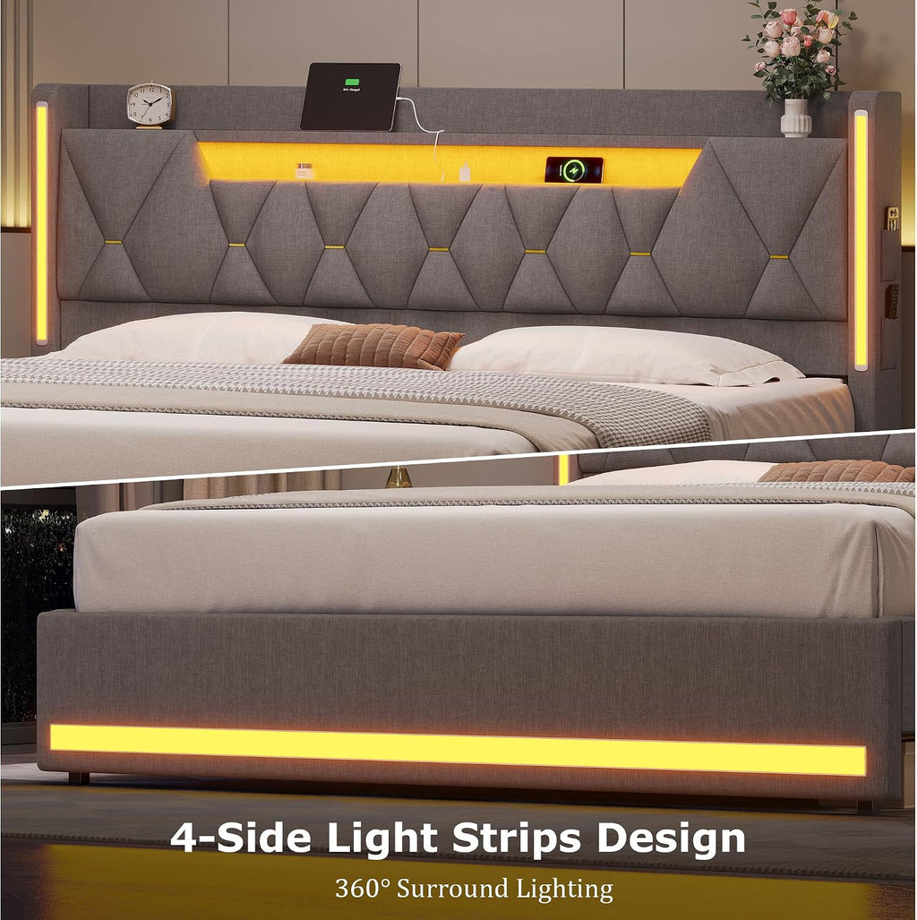 busyaeh King Size Bed Frame with Marshmallow Headboard and Storage, King Bed Frame with LED Lights & Charging Station, Upholstered Platform Bed with Metal Support, No Noise, No Box Spring Needed,Gray