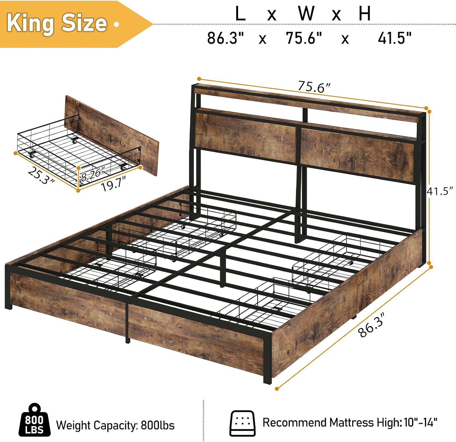SADENICEL King Bed Frame with Storage Headboard and 4 Drawers, Metal Platform Bed Frame with LED Light, Charging Station, No Box Spring Needed, Noise Free, Easy Assembly, Vintage Brown