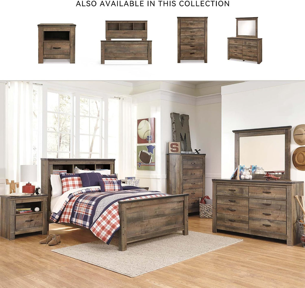 Signature Design by Ashley Trinell Country Rustic Bookcase Panel Bed with Nailhead Accents, Foundation or Box Spring Needed, Full, Dark Brown