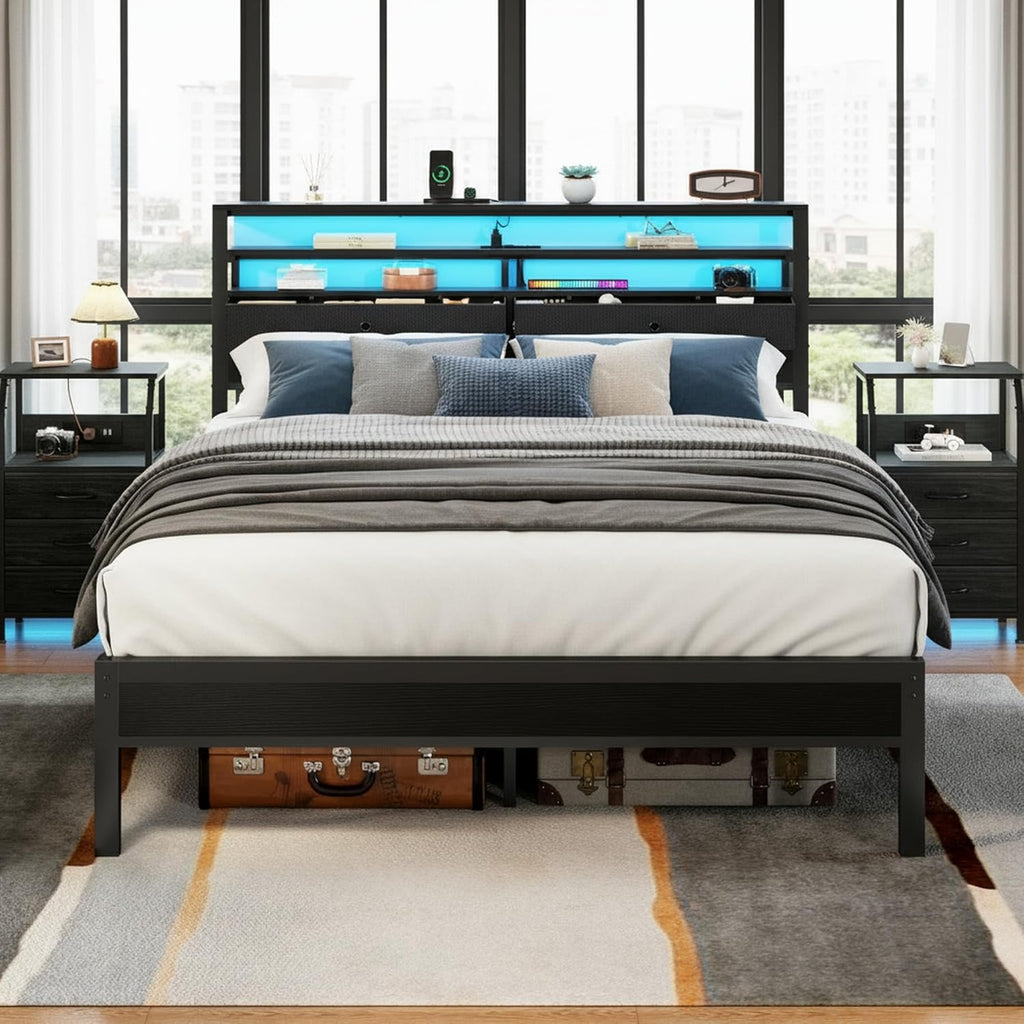 Furnulem Queen Bed Frame with Headboard & 2 Fabric Drawers, Bed Frame Queen Size Featuring LED Lights, Built-in Charging Station & Storage Shelves, Metal Slats, No Box Spring Needed – Black Oak
