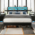Furnulem Queen Bed Frame with Headboard & 2 Fabric Drawers, Bed Frame Queen Size Featuring LED Lights, Built-in Charging Station & Storage Shelves, Metal Slats, No Box Spring Needed – Black Oak