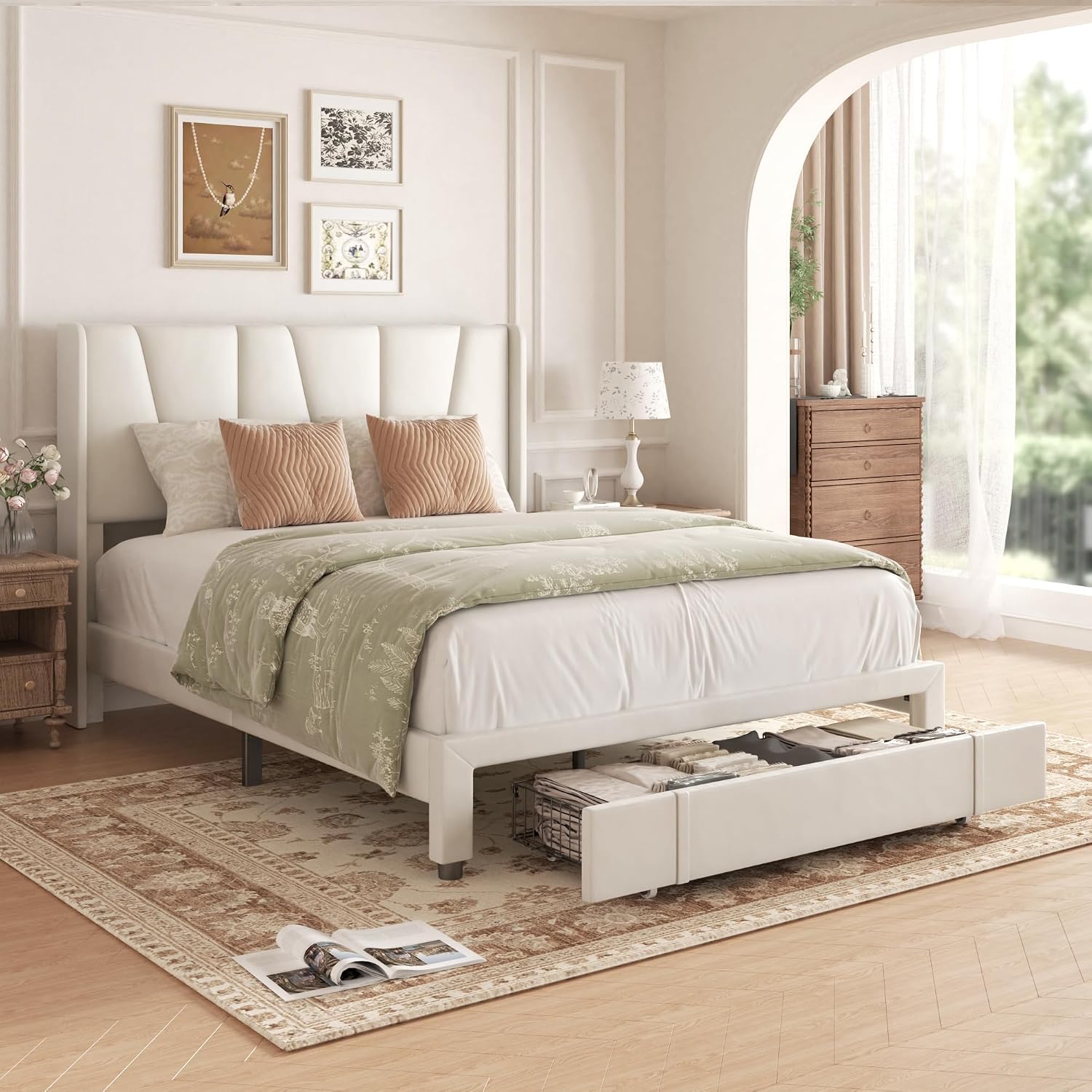 Queen Bed Frame with Storage Drawers, Upholstered Queen Size Platform Bed with 47' Tall Headboard and Wingboard, No Box Spring Needed, Noise Free, Easy Assembly, Wooden Support Slats, Beige