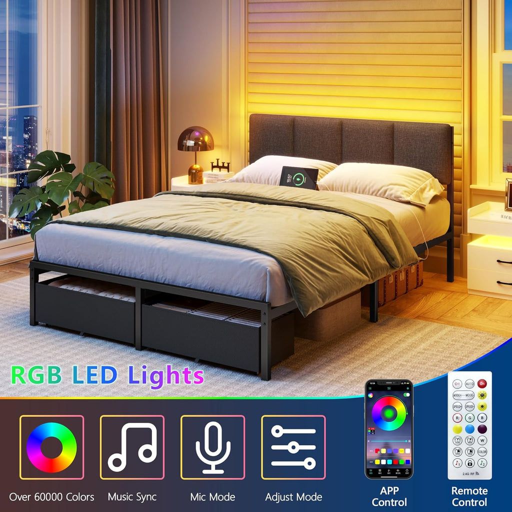 Furnulem Full Size Bed Frame with Headboard, Upholstered Full Bed Frame with LED Light, USB Charging Station, Platform Bedframe with 2 Fabric Underbed Storage Drawers, No Spring Box Needed