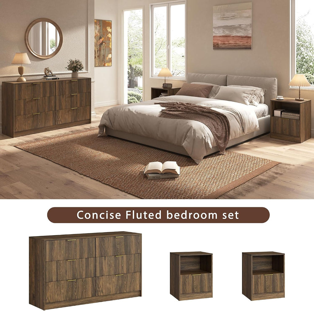3-Piece Modern Bedroom Furniture Set, Wide 6-Drawer Dresser & 1-Drawer Nightstands Set of 2, Natural Wood Dresser and Nightstand Sets for Bedroom, Hallway, Walnut