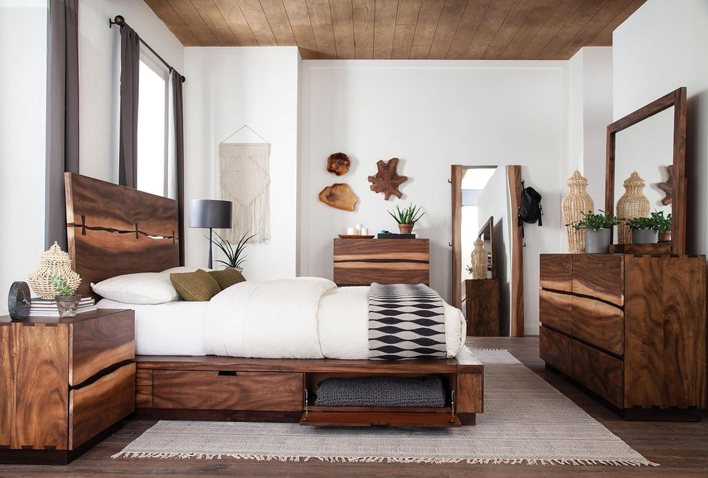 Coaster Home Furnishings Winslow Farmhouse 4-Piece Bedroom Set Live Edge Eastern King Size Storage Bed Frame 54-inch Headboard Smokey Walnut and Coffee Bean 223250SKE-S4