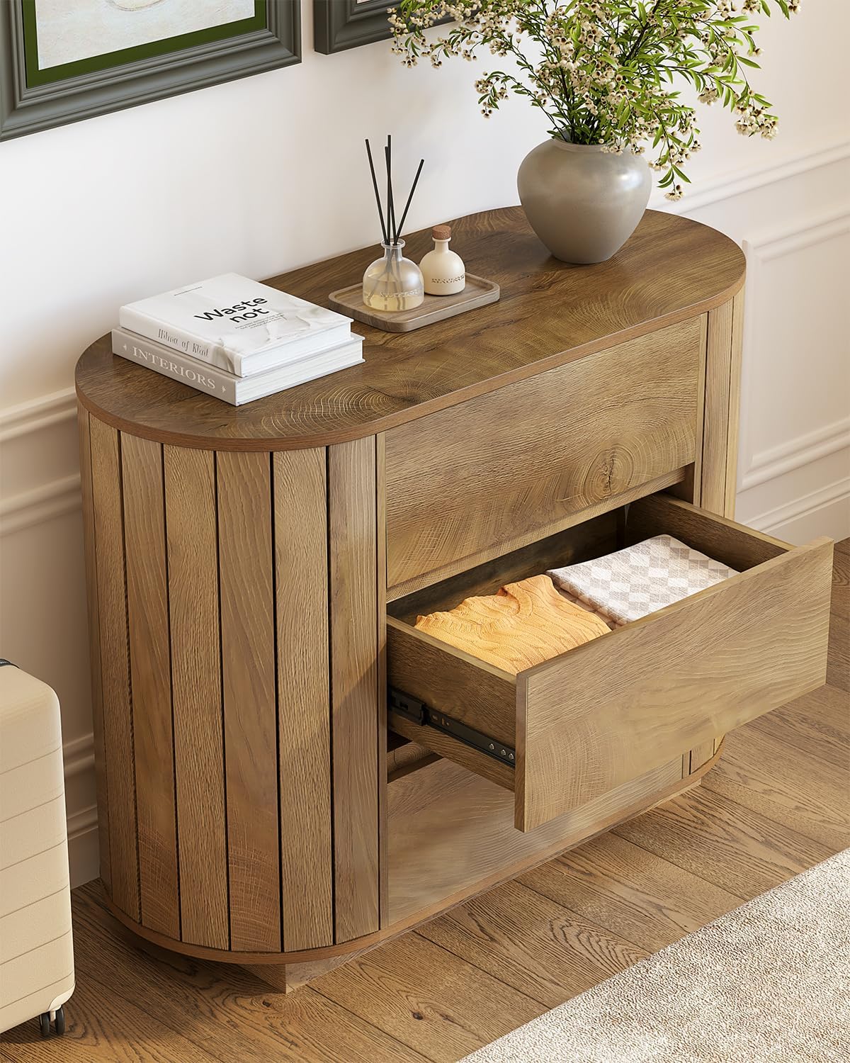 LITTLE TREE Large Nightstand, Oversized Night Stand Set 2, Slatted Side Design Wood Nightstand, 35' Wide End Tables, Modern Dresser with 3 Drawers for Bedroom,Entryway, Oak 2PCS