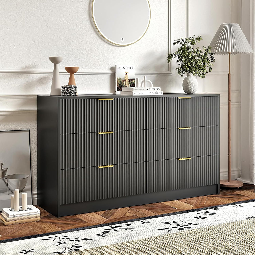 6 Drawer Dresser and Nightstand Sets for Bedroom, 3 Pcs Bedroom Set, Night Stand Set of 2 & 6 Drawer Dresser with Gold Handles, Modern Wood Chest of Drawers Storage Cabinet Set, Black