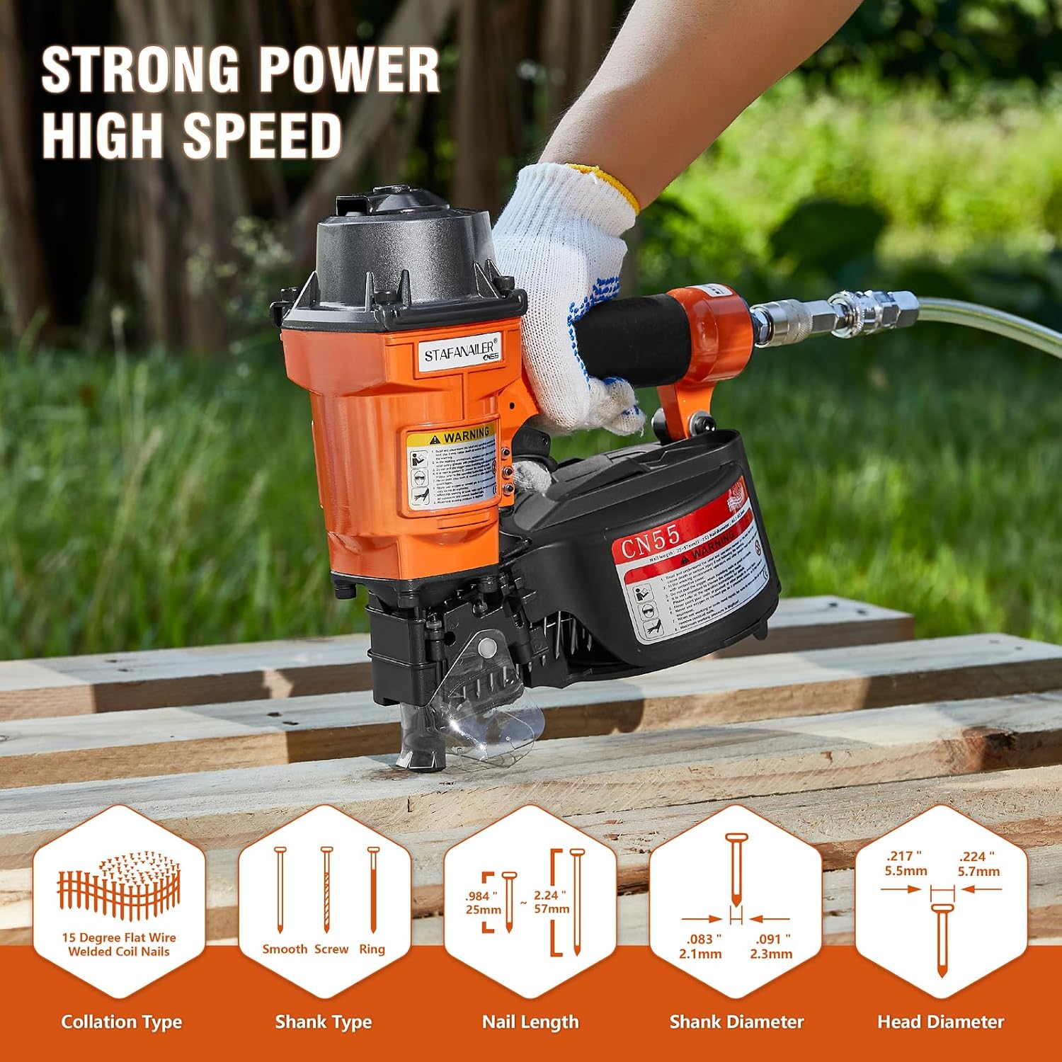 Update CN55 Siding Nailer for 1-Inch up to 2-1/4-Inch Nails, 15 Degree Coil Nail Gun with Bump Firing for Fast Nailing Speed, Coil Nail Gun for Pallets, Siding, Crating, Fencing, Decking
