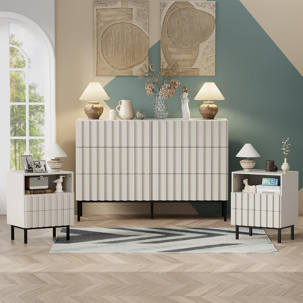 UEV 3 Piece Dresser and Nightstand Sets for Bedroom, 47' Wide 6 Drawer Dresser & Nightstand Set of 2, Mid Century Modern Fluted Wooden Dressers Set, Bedroom Furniture Set (Milkly White)