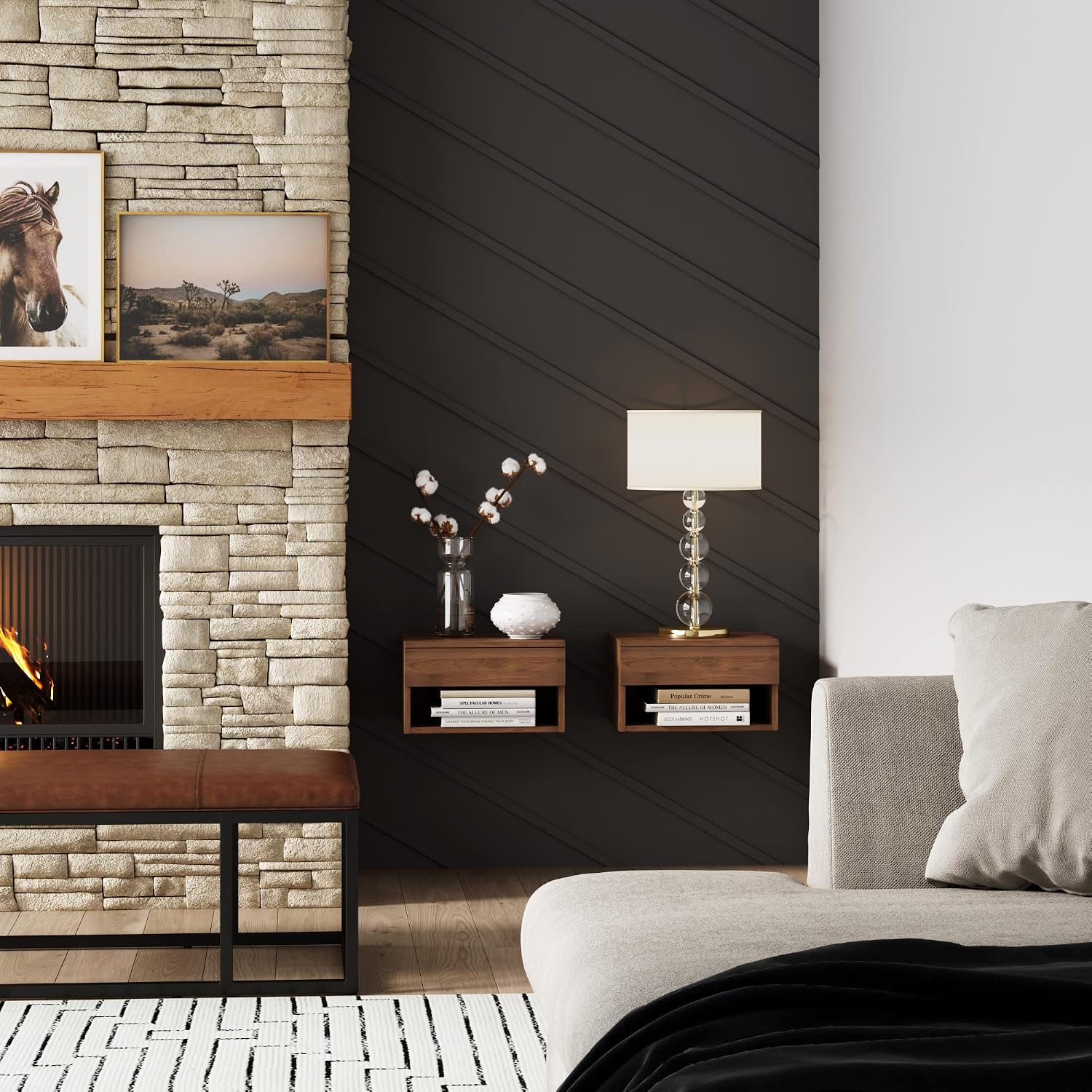 Nathan James Jackson Wall Mounted Floating Bedroom Nightstand with Storage Drawer and Modern Open Shelf Cubby Set of 2, Dark Brown Walnut