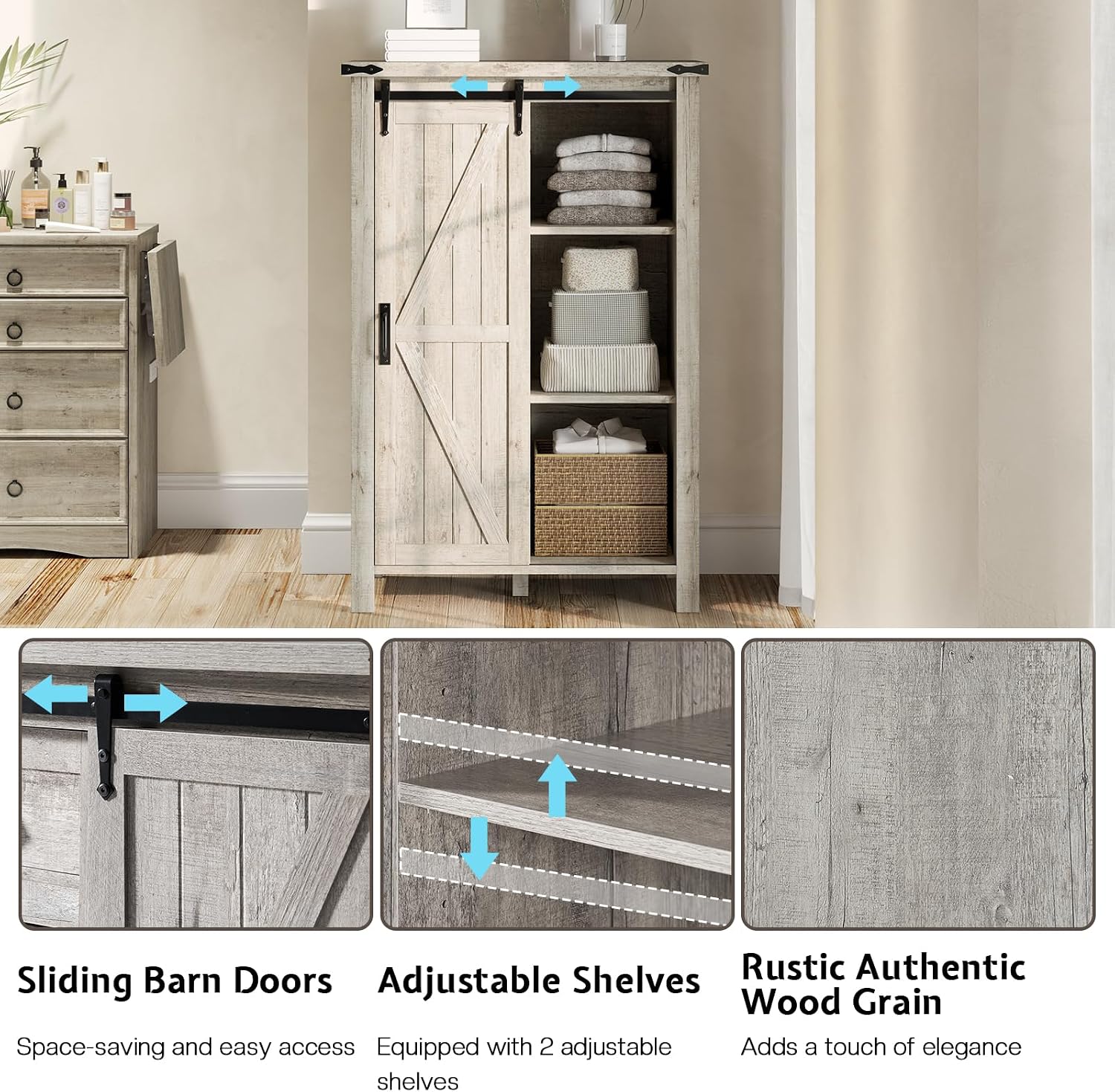 LUXOAK 3 Pieces Bedroom Set - Includes 60' Farmhouse Dresser, 48' Chest of Drawers with Sliding Barn Doors, 48' Tall Storage Cabinet with 5 Drawers, Rustic Grey