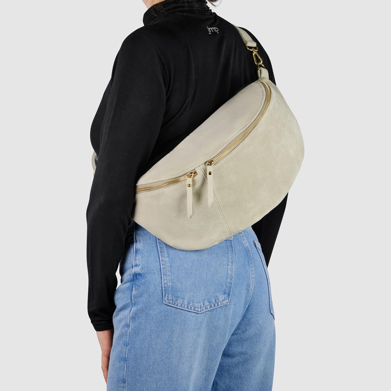 Italian Genuine Suede Crossbody Bag for Women with Zipper & Detachable Strap | Large Travel Chest Sling Fanny Pack (Beige)