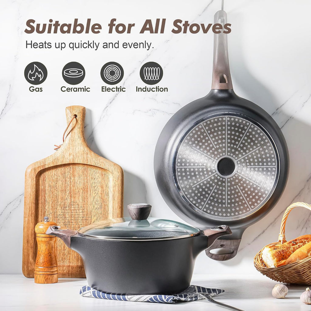 SENSARTE 14 Pcs Non Stick Kitchen Cooking Set, 12 Inch Large Deep Frying Pan, 5 Qt Non Stick Saute Pan with Cover, Healthy Non Toxic Cooking Pan with Helper Handle, PFOA PFOS Free