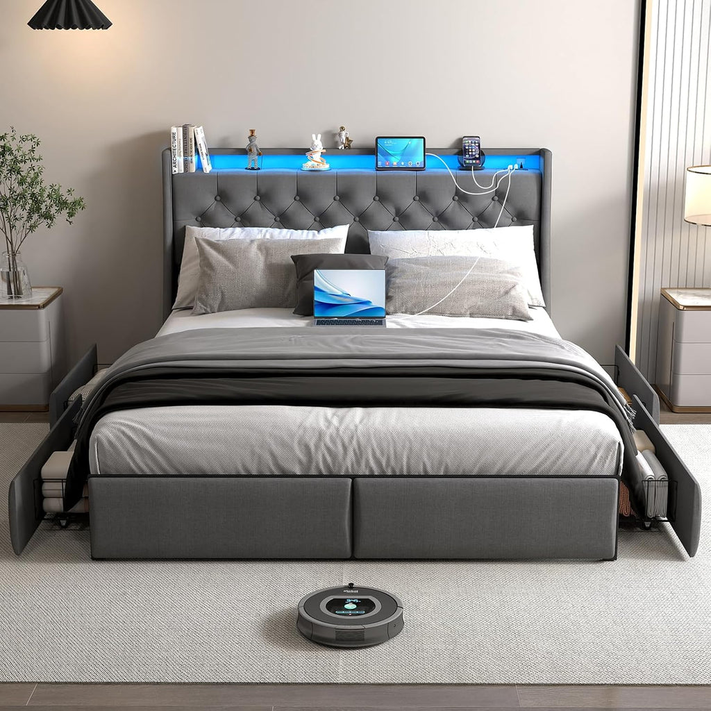 Doltoro Full Bed Frame with Storage Headboard and 4 Drawers, Upholstered Platform Bed Frame with Charging Station & LED Lights, Noise-Free, No Box Spring Needed, Easy Assembly, Gray