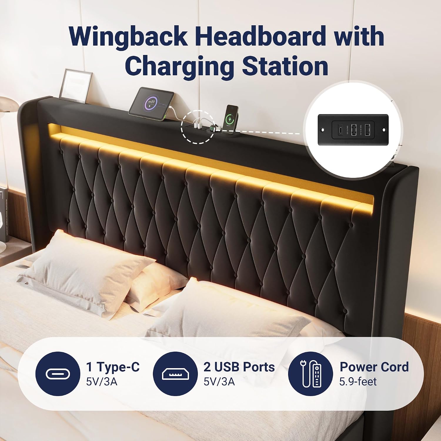 Allewie Upholstered King Size Platform Bed Frame with LED Light and Charging Station, Button Tufted High Headboard, Wingback Design, Noise Free, Easy Assembly, No Box Spring Needed, Black