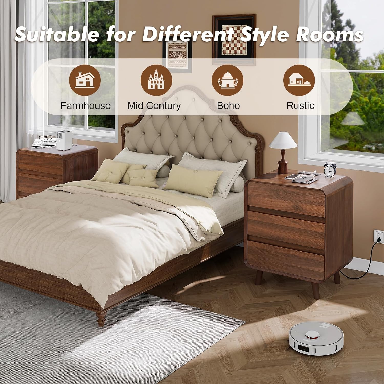 Nasonet Mid Century Modern Dresser and Nightstand Sets 3 Piece, Wooden 3 Drawer Dresser and 3 Drawer Nightstands Sets of 2, Walnut Bedroom Furniture Set