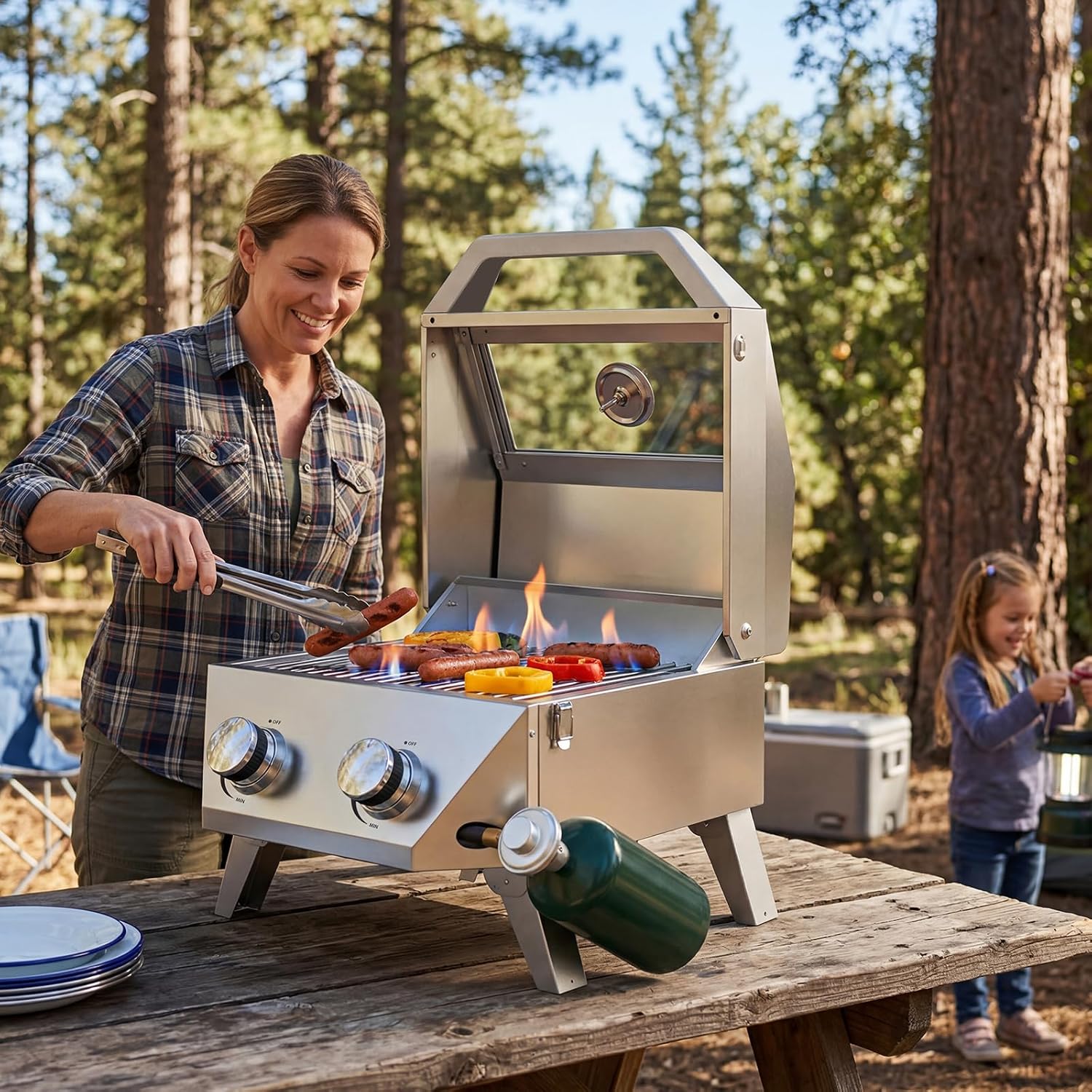 BESTFIRE 2-in-1 Portable Propane Grill, 20,000 BTU 2-Burner Tabletop Gas Grill for Camping & RV, Stainless Steel BBQ with Viewing Glass Lid, Thermometer & Dual-Gas Connection