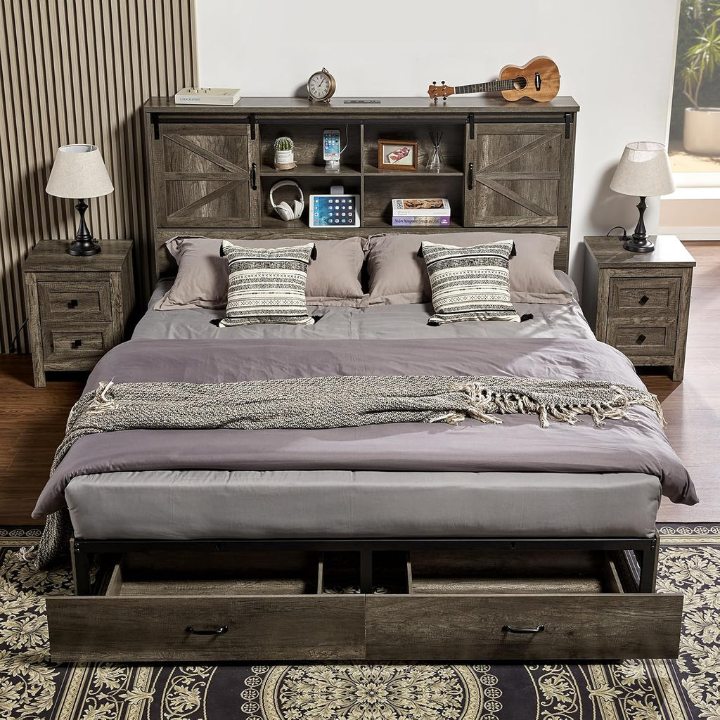 VanAcc King Size Bed Frame, Wooden Platform Storage Bed with 51.2' Bookcase Headboard, 2 Drawers, Charging Station/No Box Spring Needed/Noise Free, Rustic Grey