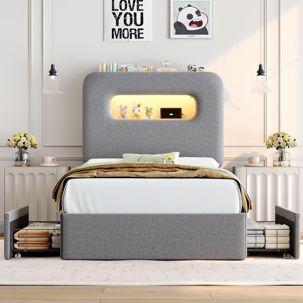 HOSTACK Twin LED Bed Frame with Storage Headboard and Charging Station, Boys Bed Frame with 2 Drawers and USB Ports, Velvet Upholstered Platform Bed Frame with Bookcase, No Box Spring Needed, Grey