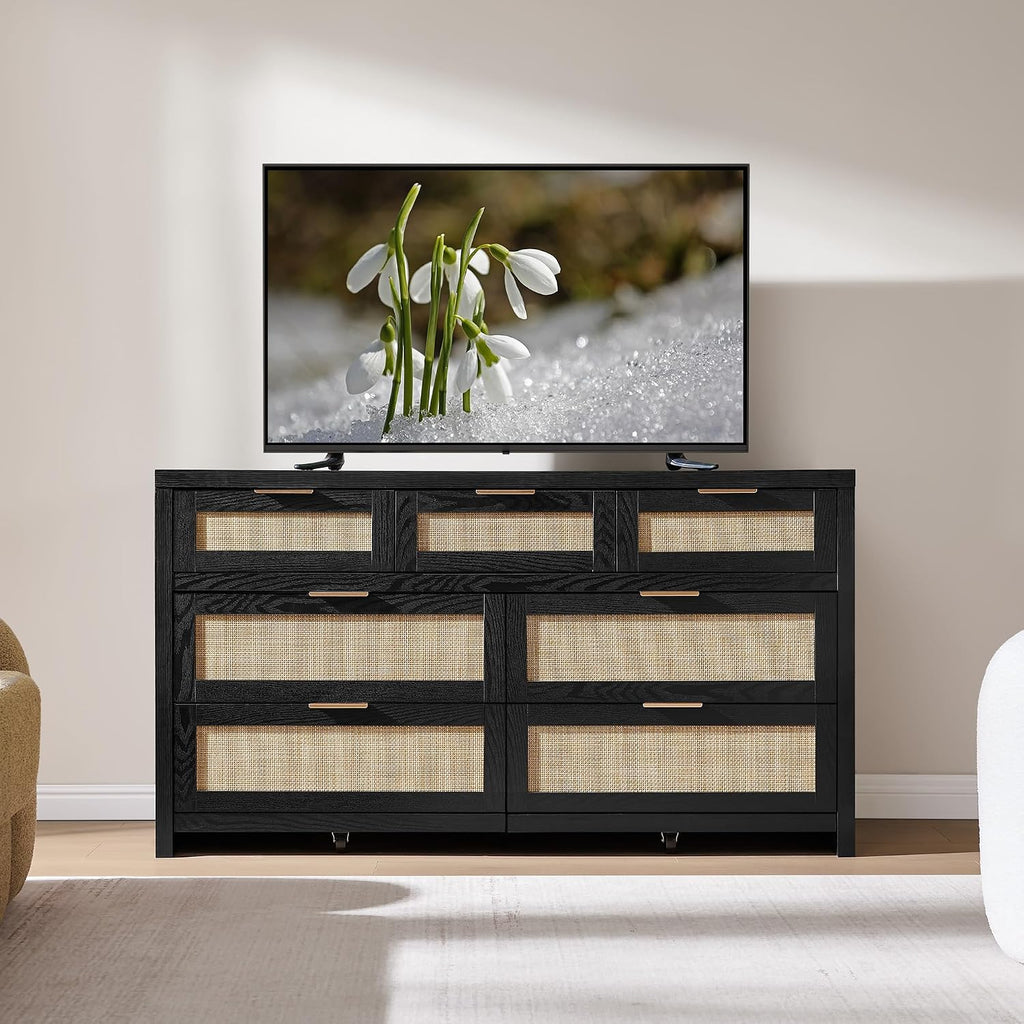 SICOTAS 7 Drawer Dressers for Bedroom Set 2, Long Rattan Dresser, Dresser TV Stand, Closet Organizer Chest of Drawers, Clothes Storage Dressers (Black Oak, 7 Drawers (2 pcs))