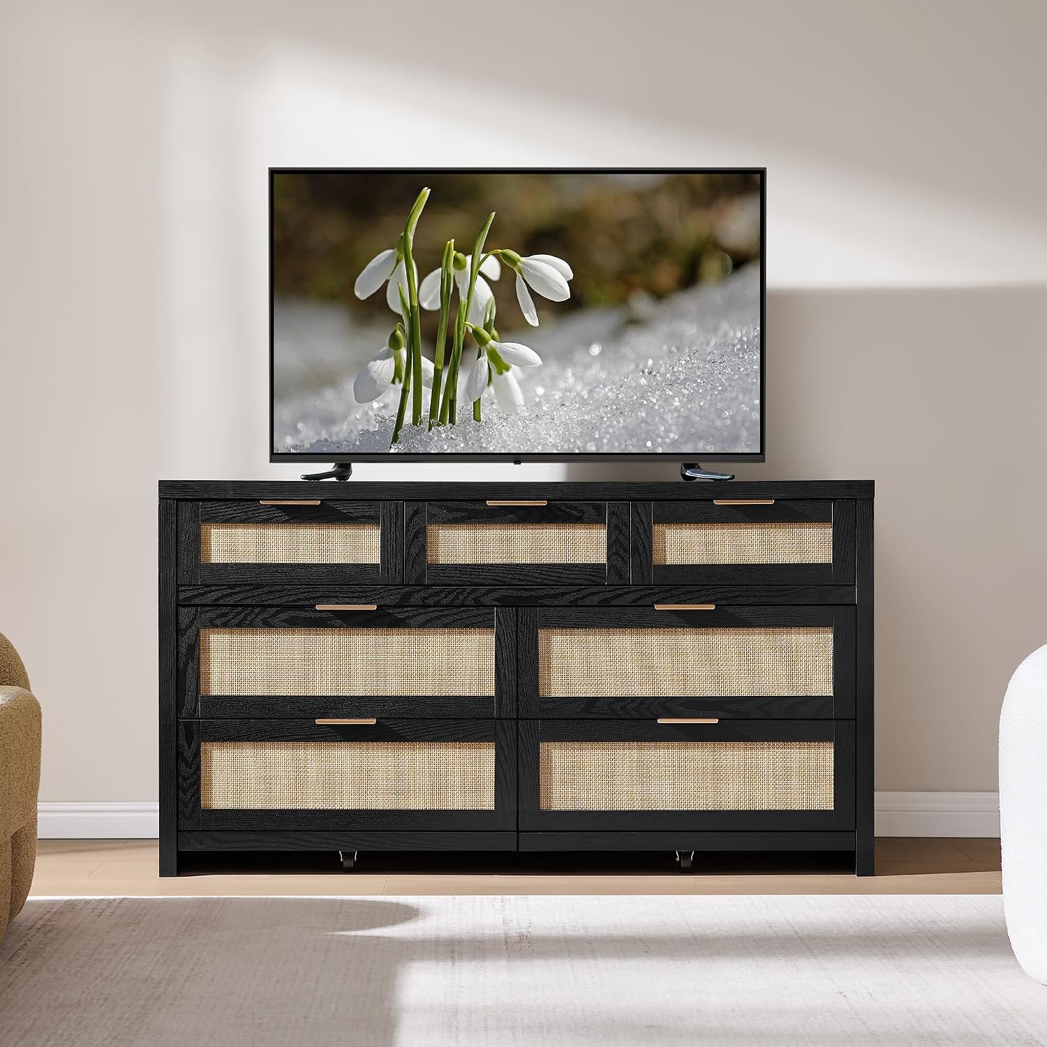 SICOTAS 7 Drawer Dressers for Bedroom Set 2, Long Rattan Dresser, Dresser TV Stand, Closet Organizer Chest of Drawers, Clothes Storage Dressers (Black Oak, 7 Drawers (2 pcs))