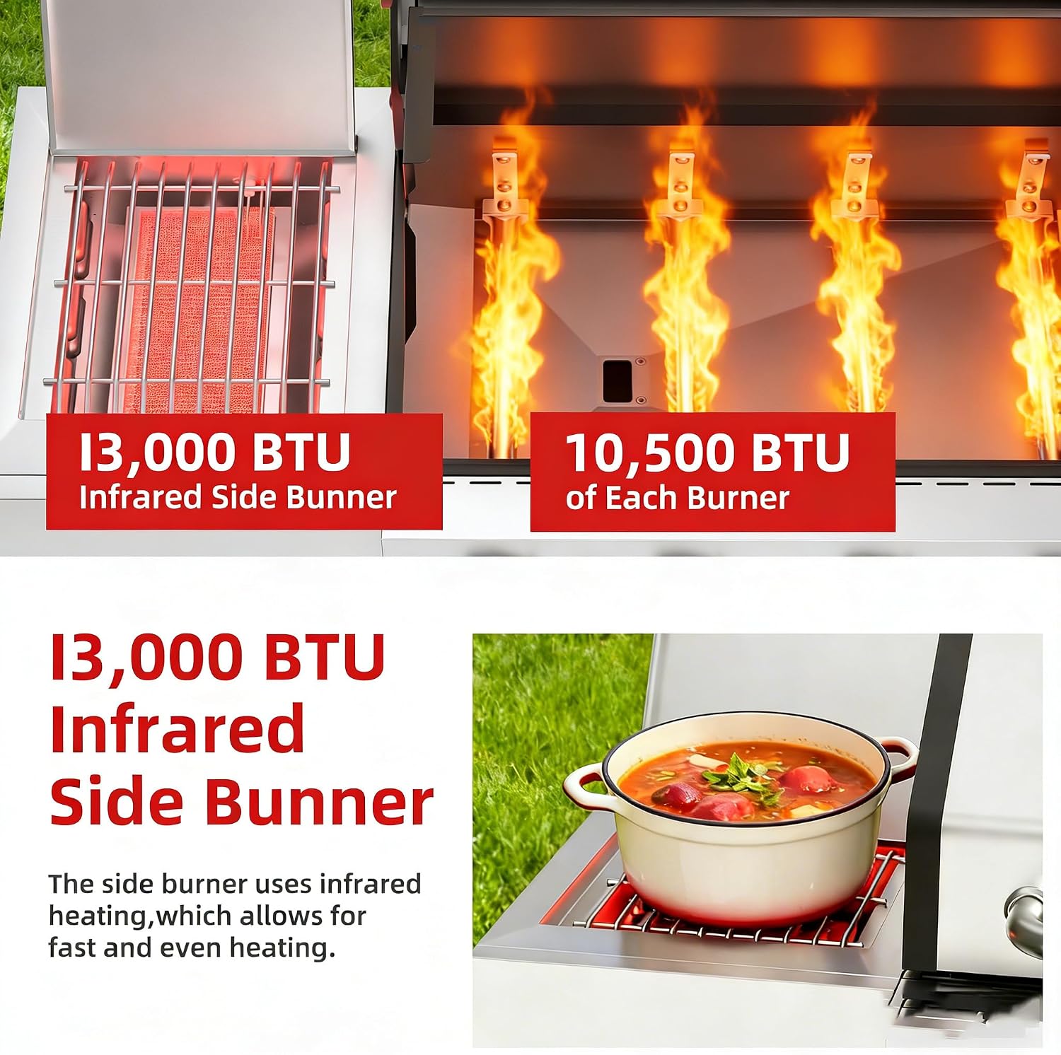 Veralune 4 Burner Gas Grill with Infrared Side Burner, Outdoor Gas Grill, BBQ Gas Grill with Oil Tray and Built-in Thermometer, 55,000 BTU, Enameled Cast-iron Grates, Black