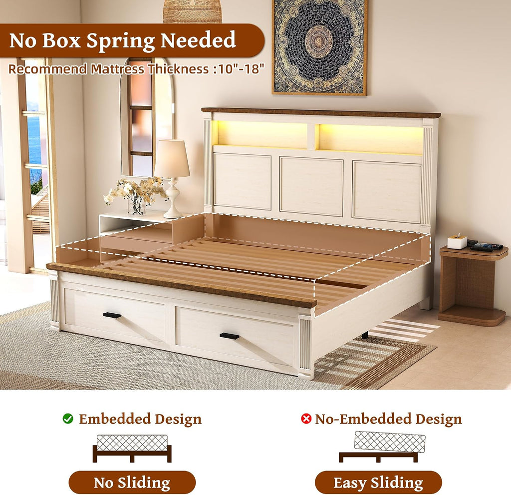 King Size Bed Frame with 53' Tall Headboard, Farmhouse Platform Bed Frame with Roman Column Decoration Footboard & 2 Storage Drawers, LED Built in Charging Station, No Box Spring Needed（Rust White)