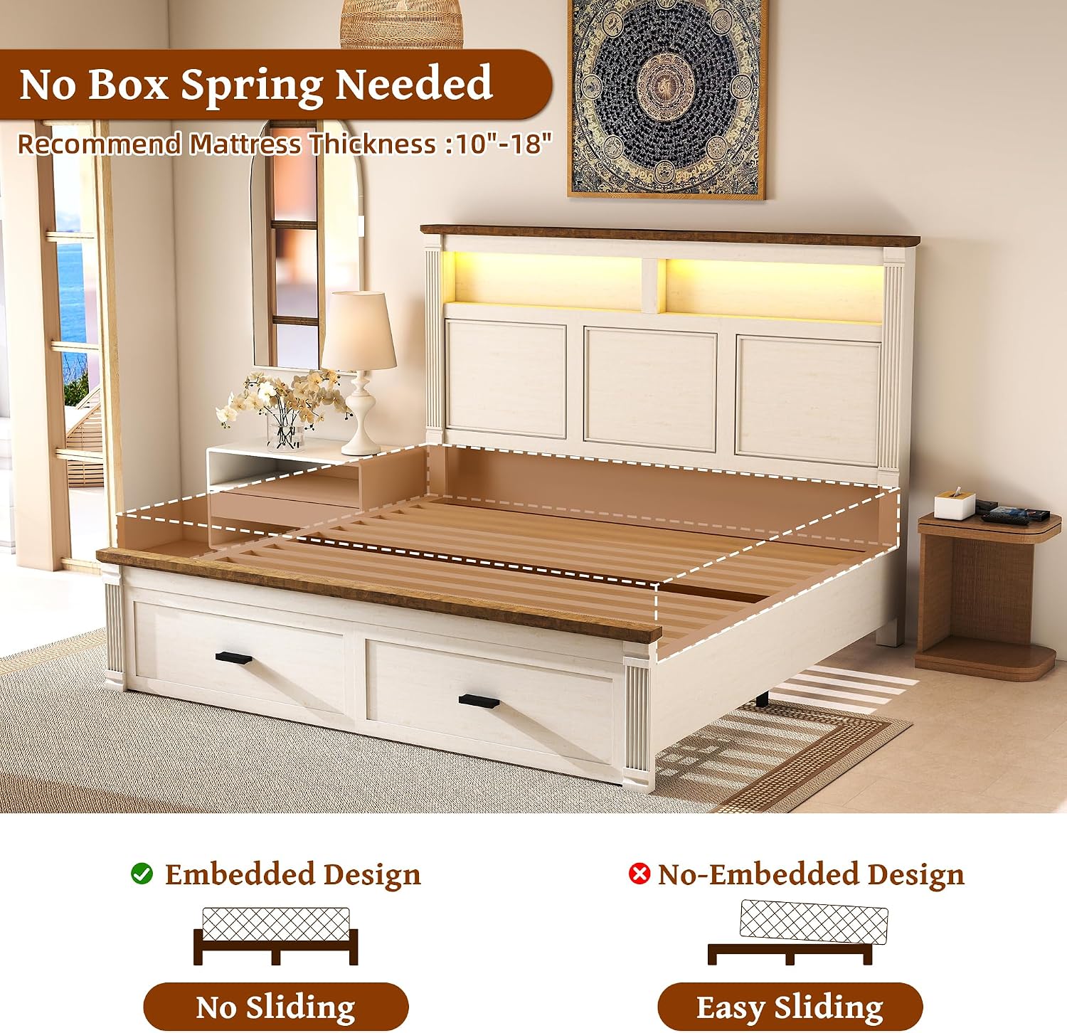 Queen Size Bed Frame with 2 Storage Drawers, 53' Tall Headboard Farmhouse Platform Bed Frame with Roman Column Decoration Footboard, LED Built in Charging Station, No Box Spring Needed（Rust White)