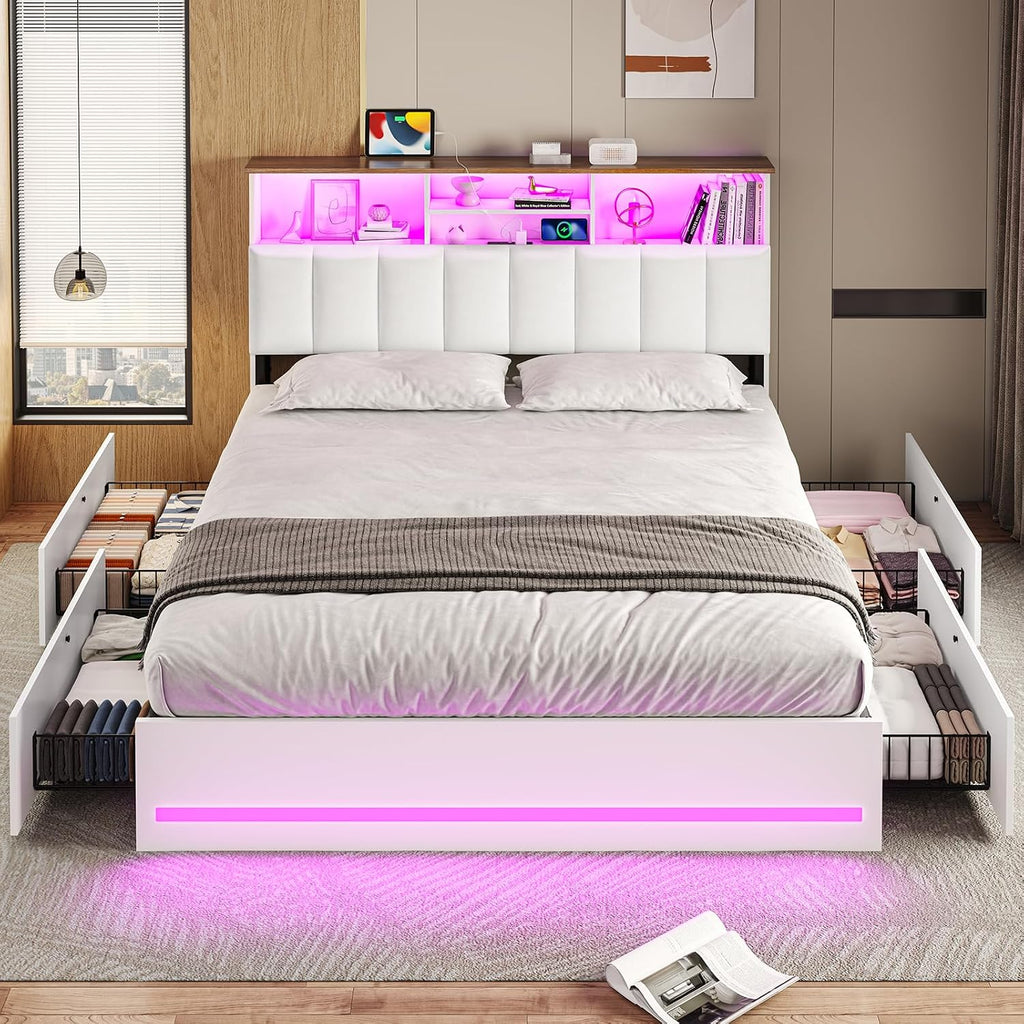 VIAGDO Full Size Bed Frame with Bookcase Headboard, Wooden Bed Frame Full Size with Charging Station, 4 Storage Drawers and LED Lights, with Type-C and USB, No Box Spring Needed, White