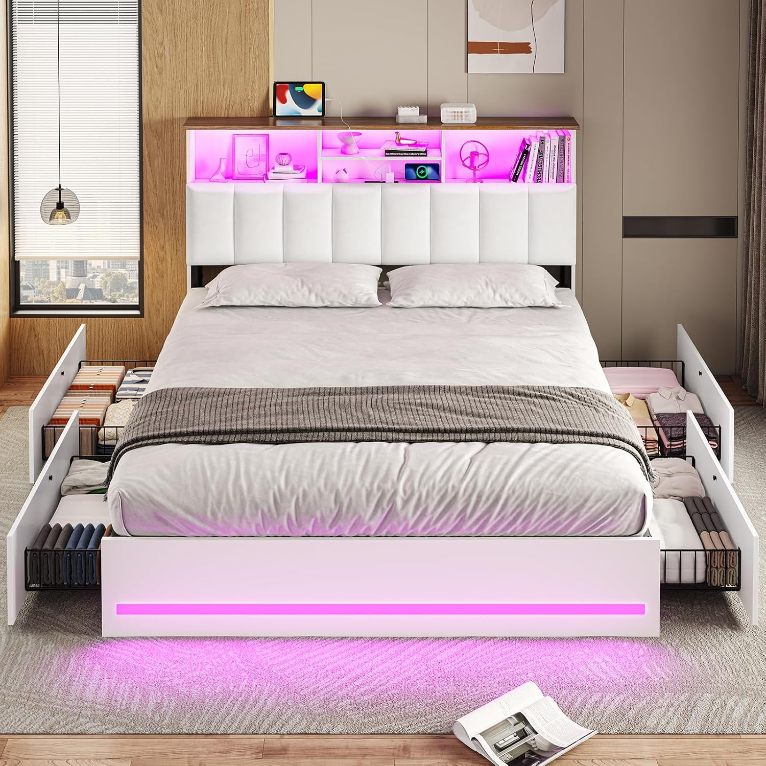 VIAGDO Full Size Bed Frame with Bookcase Headboard, Wooden Bed Frame Full Size with Charging Station, 4 Storage Drawers and LED Lights, with Type-C and USB, No Box Spring Needed, White