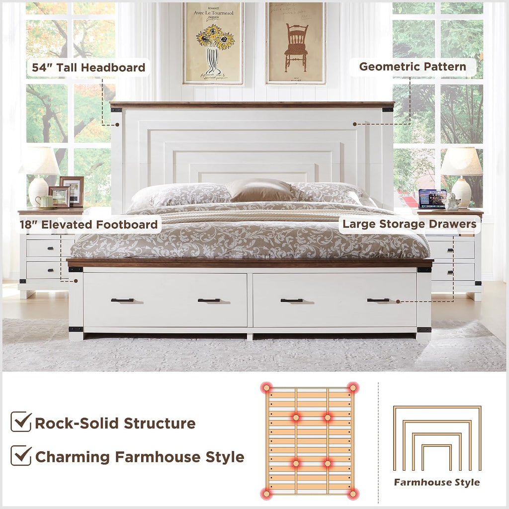 RedLemon Farmhouse King Size Bed Frame w/ 54' Tall Geometric Headboard, Rustic Wood Platform Bed w/ 2 Large Storage Drawers, Wood Slats Support, Noise Free, No Box Spring Needed, Antique White