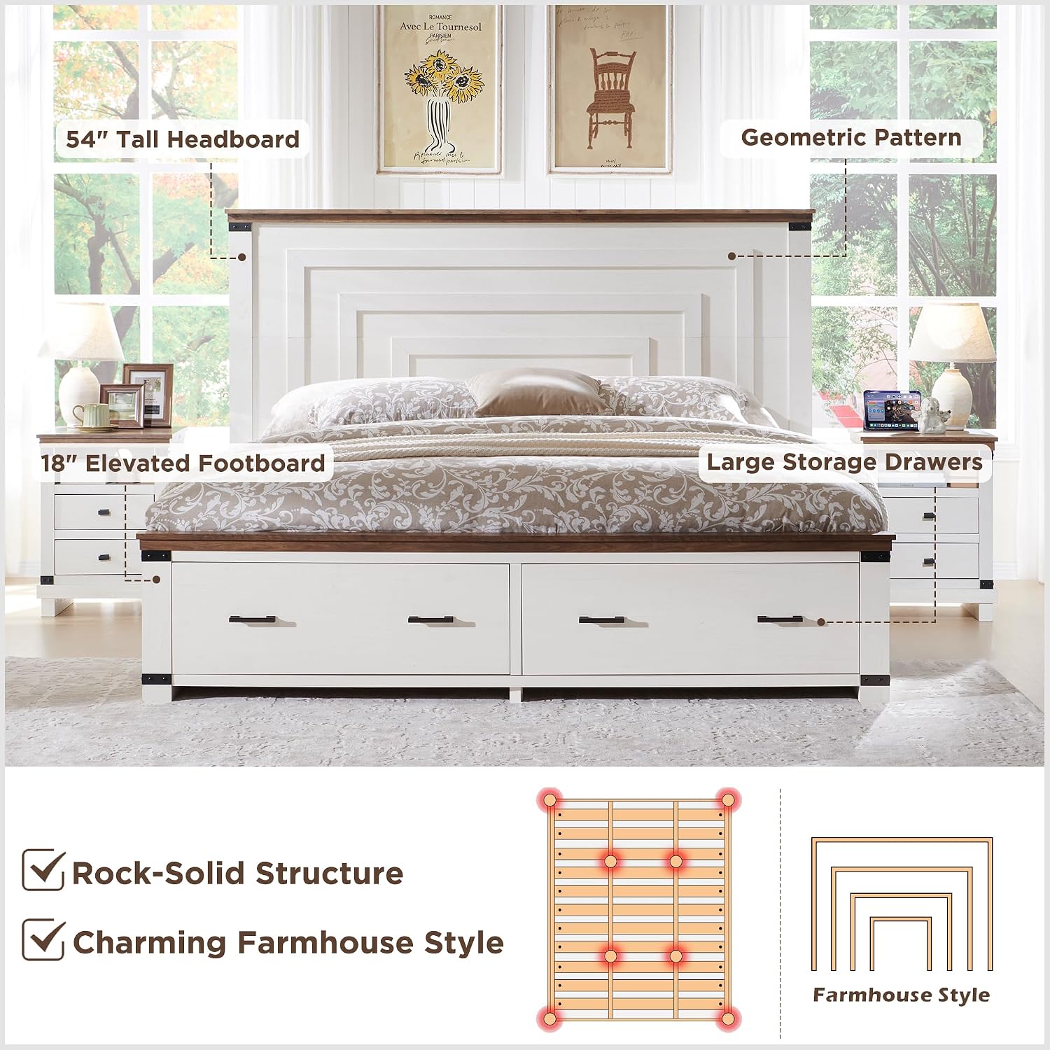 RedLemon Farmhouse King Size Bed Frame w/ 54' Tall Geometric Headboard, Rustic Wood Platform Bed w/ 2 Large Storage Drawers, Wood Slats Support, Noise Free, No Box Spring Needed, Antique White
