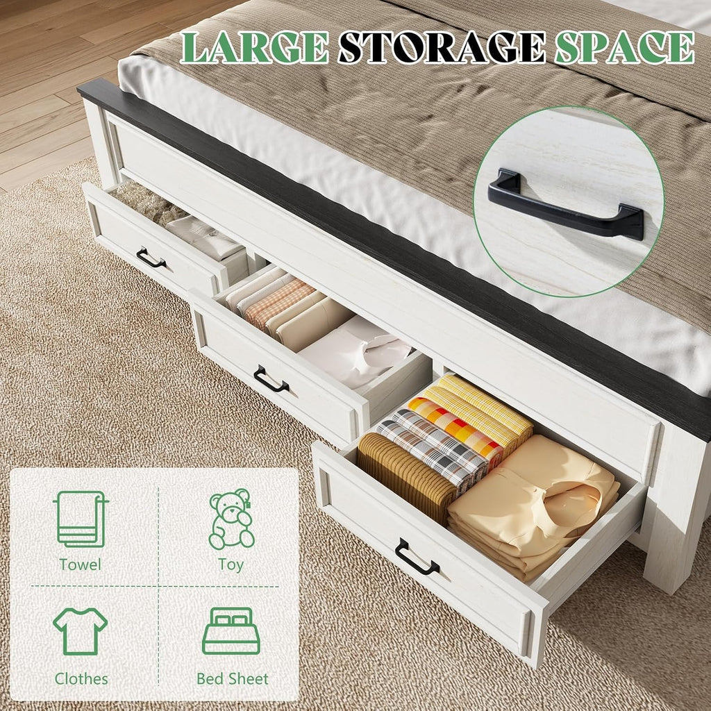 AMERLIFE 3-Piece Farmhouse Bedroom Furniture Set, Includes 1 King Size Wood Platform Bed Frame with Panel Headboard and 2 Nightstands with Charging Station, No Box Spring Needed, Rustic White