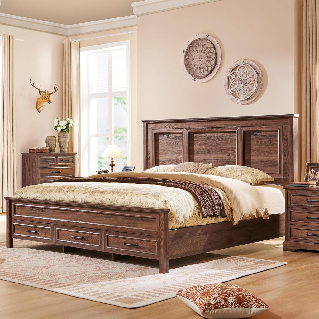 ACCOHOHO Farmhouse Queen Size Bed Frame with 52' Tall Headboard, Wood Platform Bedframe with Footboard and Storage Drawers, No Squeak, No Box Spring Needed, Brown