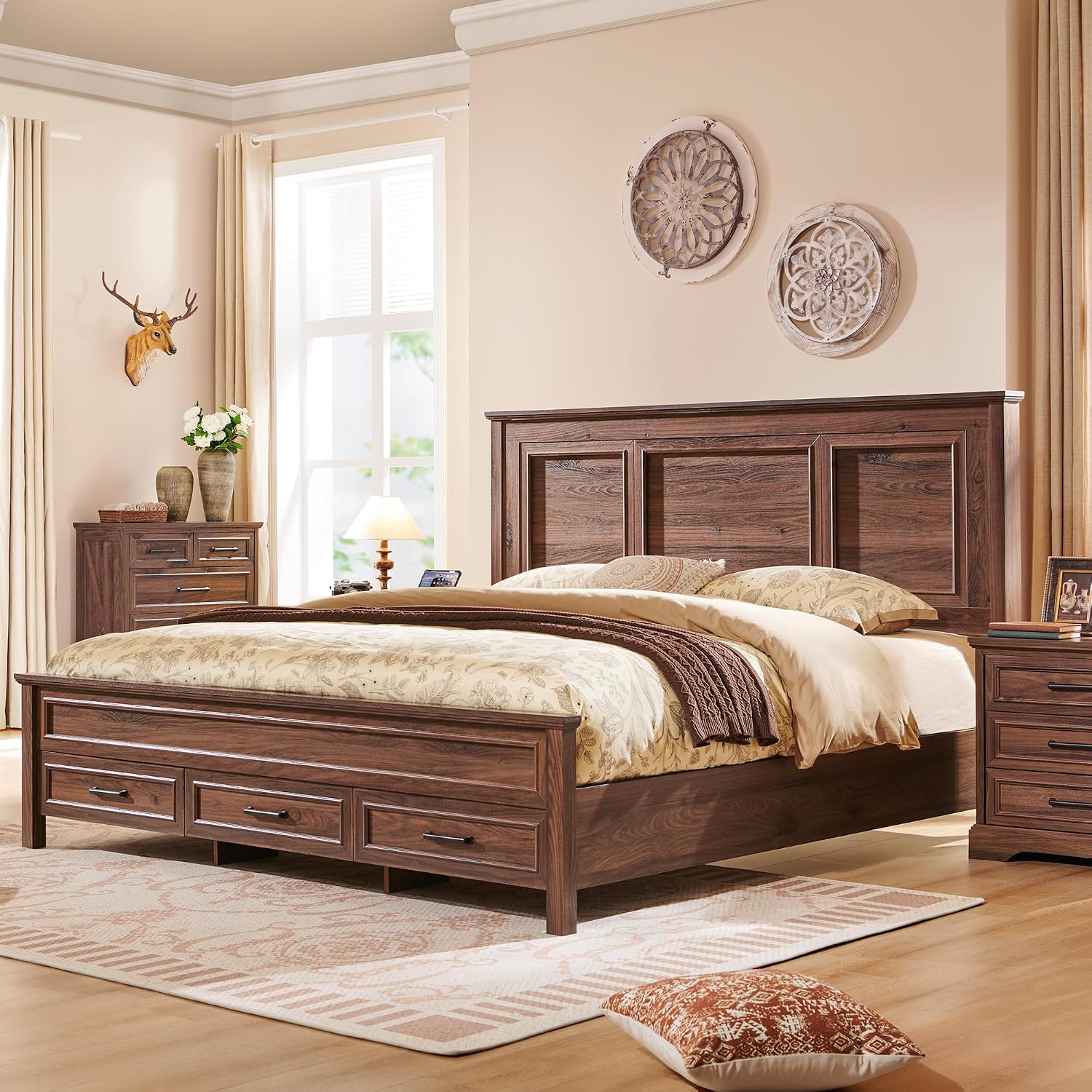 ACCOHOHO Farmhouse Queen Size Bed Frame with 52' Tall Headboard, Wood Platform Bedframe with Footboard and Storage Drawers, No Squeak, No Box Spring Needed, Brown