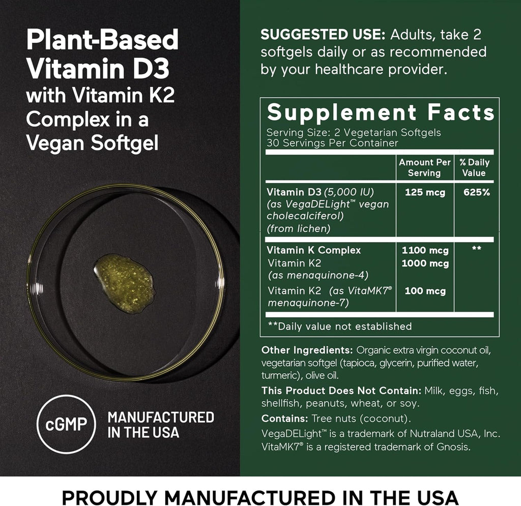 SMARTERNUTRITION Vegan Vitamin D3 5000 IU + Natural Vitamin K2 1100 mcg in Organic Coconut & Olive Oil - D3 K2 Supplement for Immune & Bone Support - 360 Softgels[180 Day Supply]