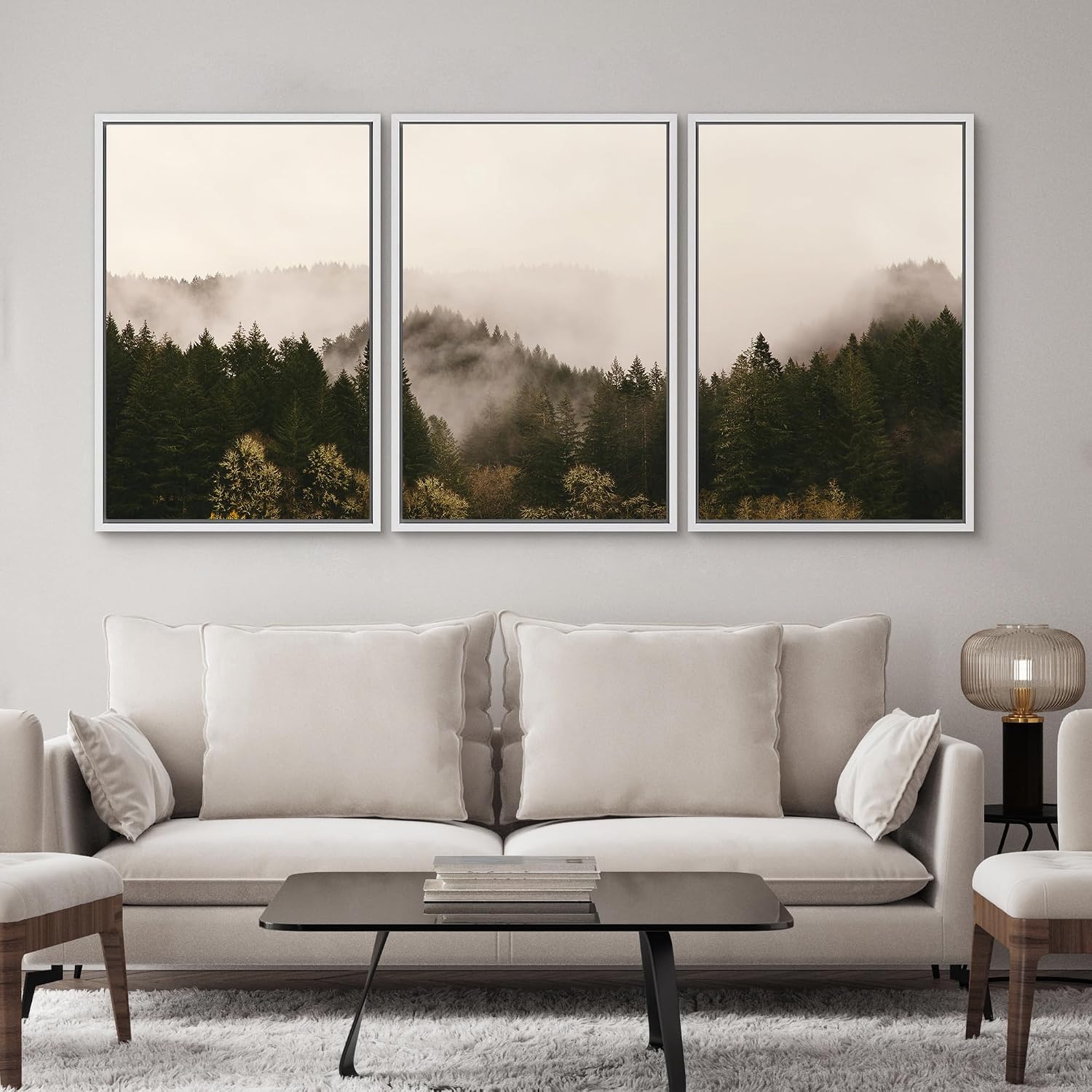 SIGNWIN 3 Piece Framed Canvas Wall Art Brown Foggy Mountains Nature Wilderness Photography Abstract Rustic Canvas Prints Home Artwork Decoration for Living Room,Bedroom - 24'x36'x3 White