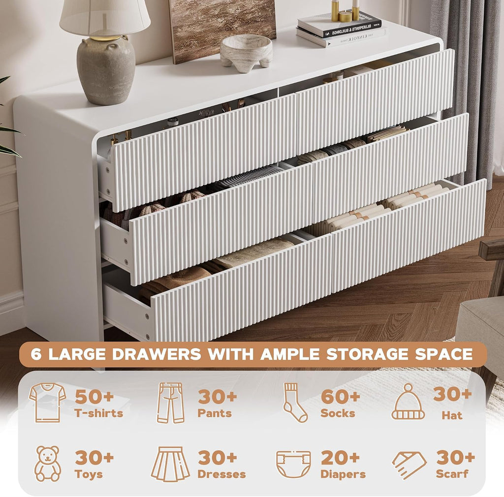 MAISONARIA 3-Piece Curved Dresser Bedroom Set, 6 Drawer Dresser & 2 Drawer Nightstands with Pop-up Design, Fluted Wood Chest of Drawers for Bedroom, Living Room, Entryway, White